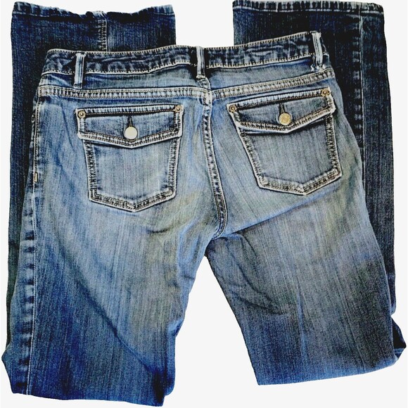 Banana Republic Jeans Wide Boot Flap Button Pockets Blue 8 Womens Preppy Hippie - Picture 1 of 12
